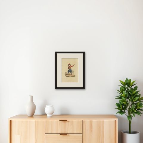 Hand-Colored Aquatint of European Infantry Officer, 1818, shown framed on a wall