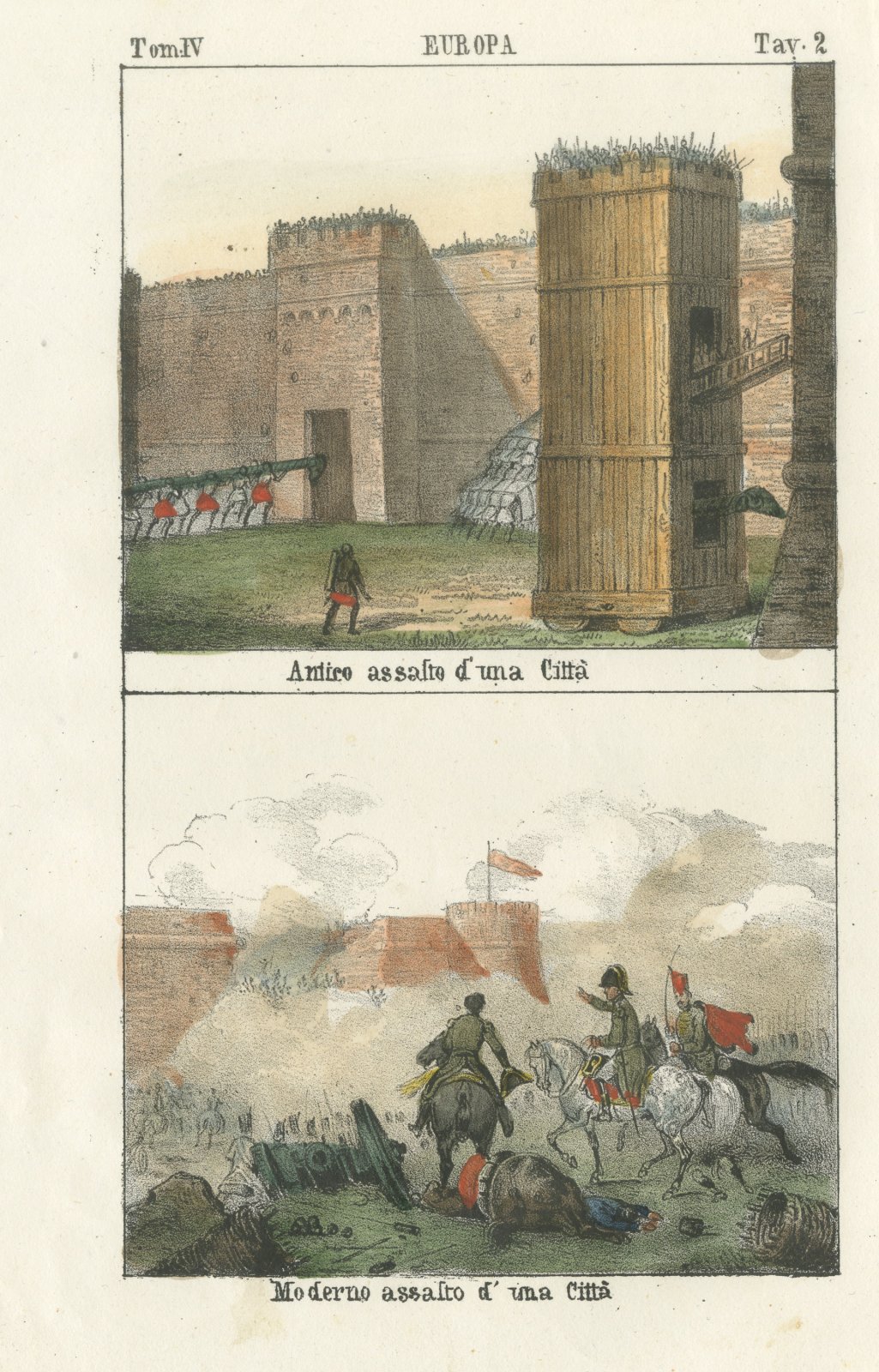 Ancient and Modern Assault on a City, Siege Tower and Battle, Lithograph, 1842