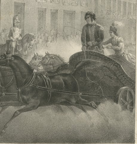 Festival at Milan, the Chariot Race, Antique Madou Lithograph, 1827, close-up 2