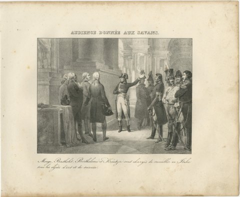 Audience to the Savants, Monge and Berthollet, Antique Madou Lithograph, 1827, view 2