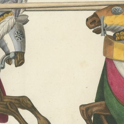 19th-Century Hand-Coloured Jousting Print: Heraldic Knights Charging in Contest, close-up 3