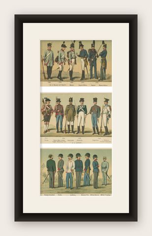 Austrian Military Uniforms Lithograph, Engineers, Landwehr & Staff, c.1890, shown framed