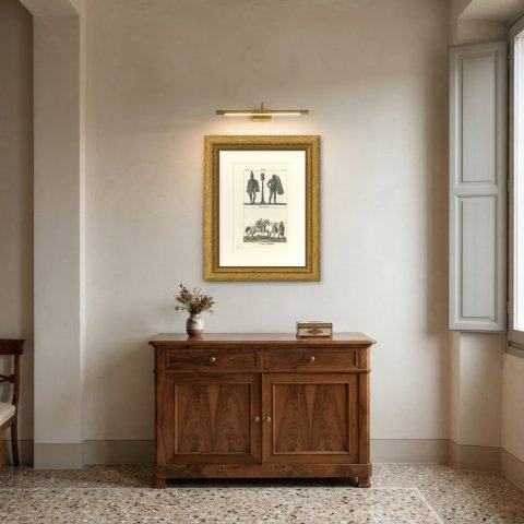 Etruscan Soldiers and a Fighting Horseman, Hand Colored Lithograph, 1842, shown framed in a room