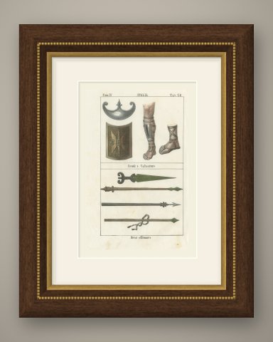 Ancient Shields, Footwear and Offensive Weapons, Hand Colored Lithograph, 1842, shown framed