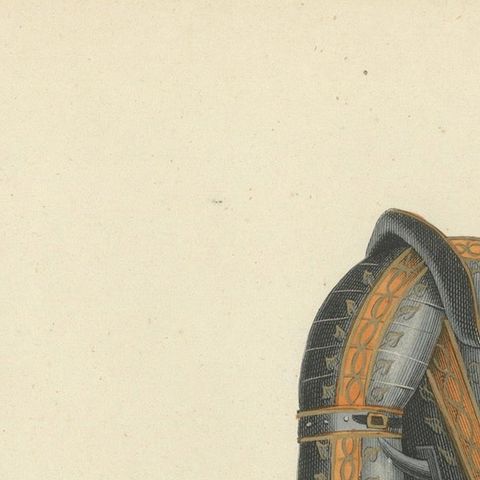 19th-Century Hand-Coloured Print of Ornate Medieval Armor and Tournament Attire, close-up 4