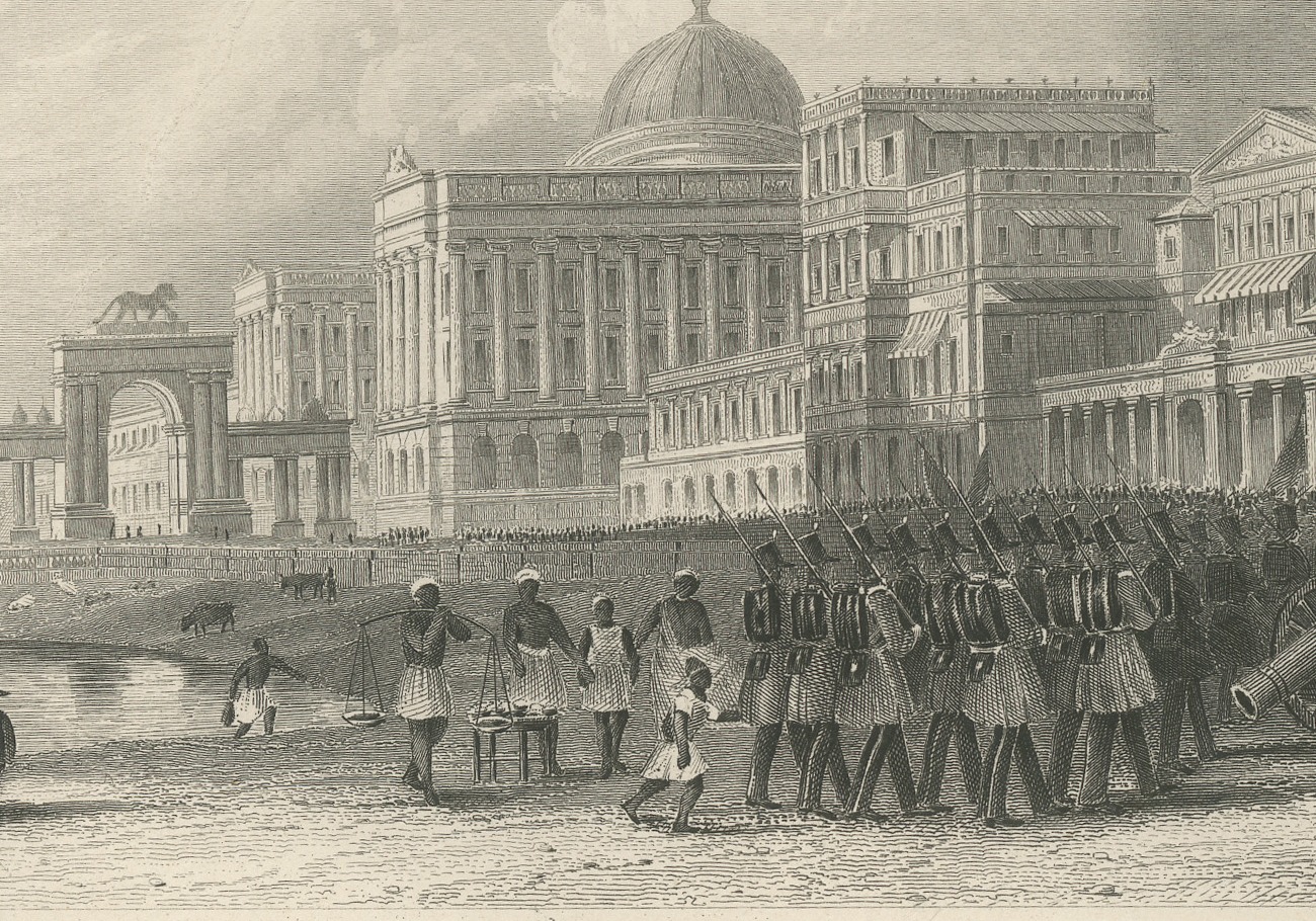 Calcutta, Soldiers and Artillery Before Classical Palaces, Engraving, 1859, view 4