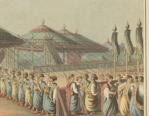 Turkish Encampment with Ceremonial Pavilions, Antique Aquatint, 1809, close-up 2