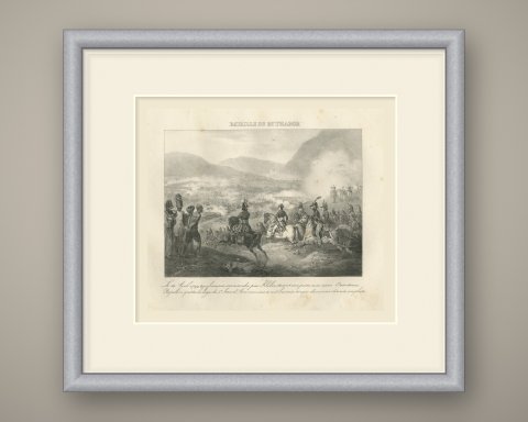 Battle of Mount Tabor, Napoleon Relieves Kleber, Antique Madou Lithograph, 1827, shown framed
