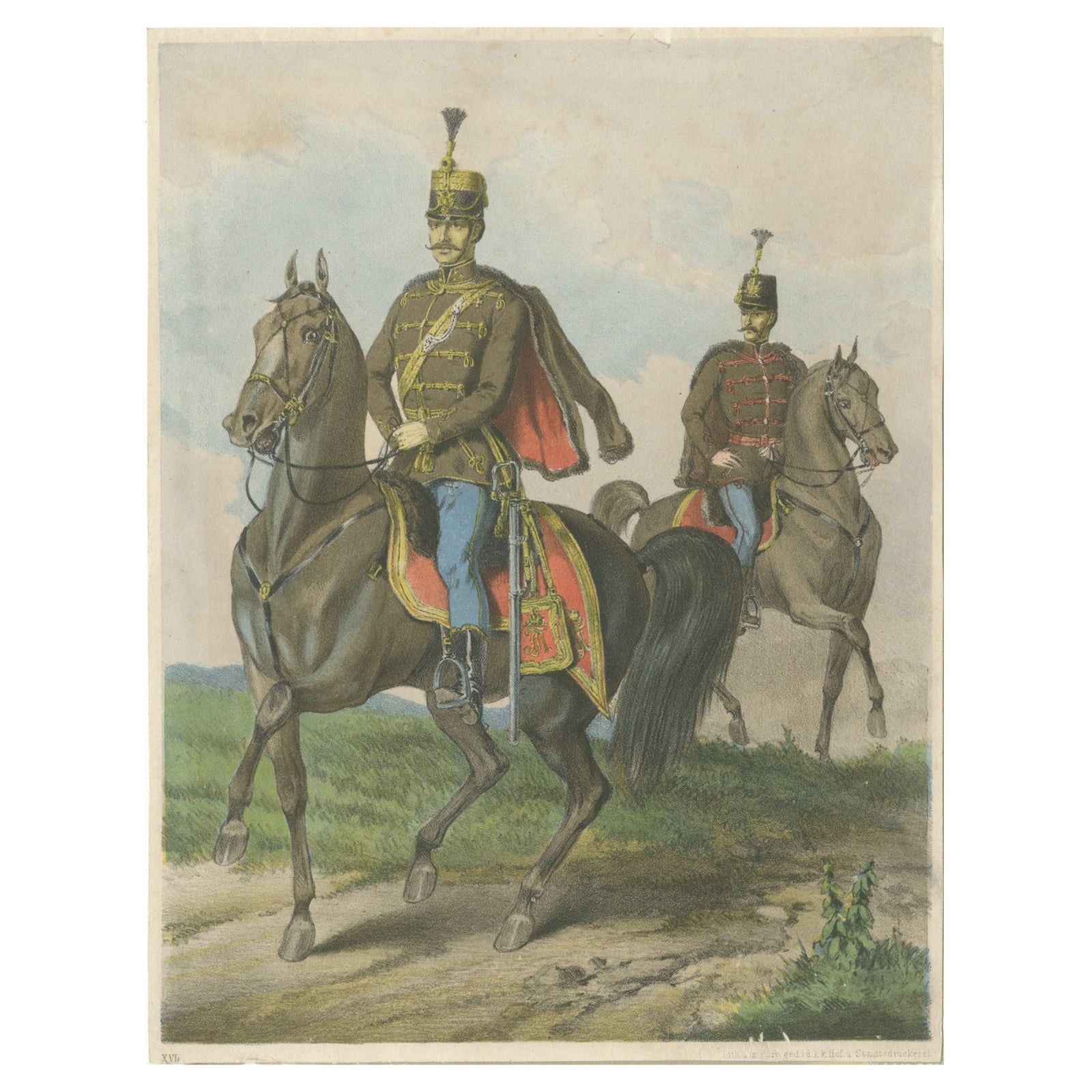 Antique Print, Hungarian Hussars on Horseback, Military Uniforms, 1858