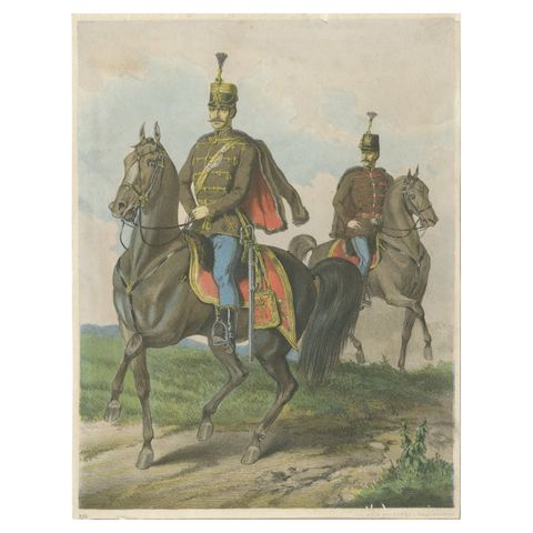 Antique Print, Hungarian Hussars on Horseback, Military Uniforms, 1858