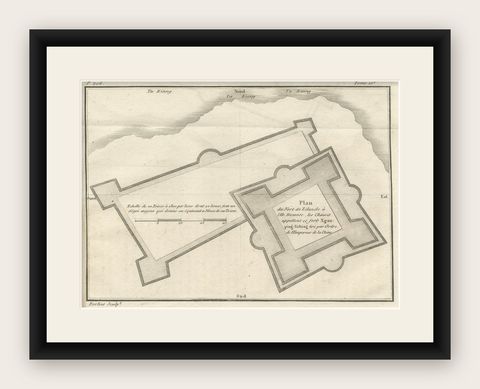 Plan of the Dutch Fort in Formosa, Antique French Jesuit Engraving, ca.1790, shown framed