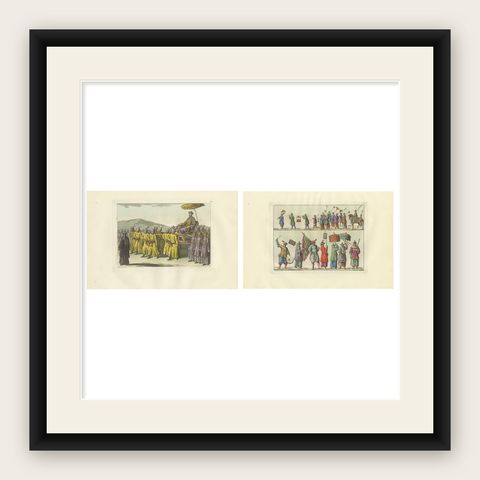 Chinese Imperial Procession & Military Parade, Antique Hand-Colored Prints, 1815, shown framed