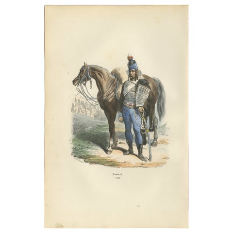French Hussar with Horse 1795, Napoleonic Era Military Uniform Print, 1843