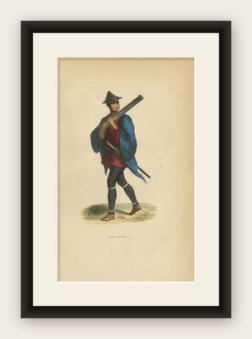 Antique Print of a Japanese Soldier Carrying a Weapon by Wahlen, 1843, shown framed