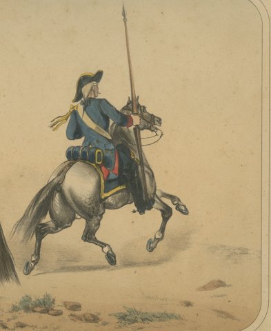 Spanish Cavalry, Two Horsemen in Cocked Hats, One with a Lance, Villegas, 1861, close-up 2