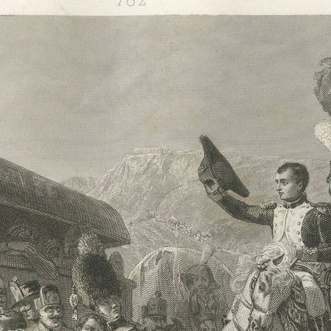 Napoleon Honors the Wounded Soldier, Antique French Engraving, circa 1840, close-up 3