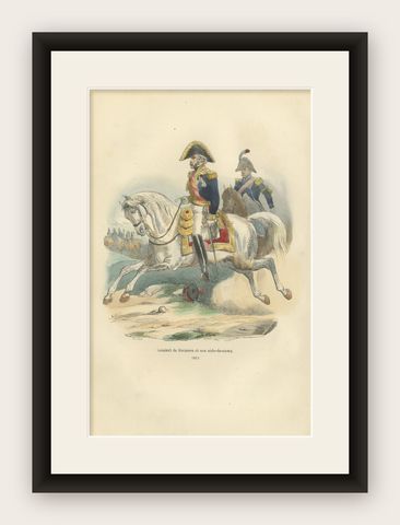 Napoleonic General of Division on Horseback, Bellangé, Military Print, 1843, shown framed