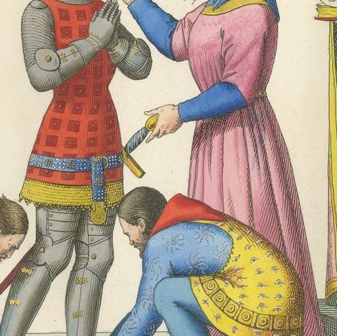 Creation of a Knight Ceremony, 14th Century, Hand-Colored, ca.1860, close-up 3