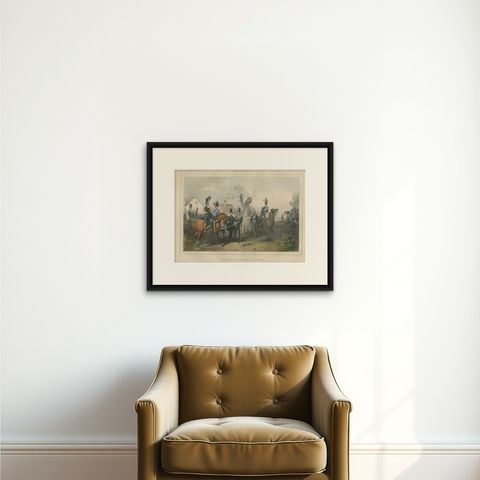 Old Hand-Colored Print of Officers and Horses of the Belgium Army, 1833, shown framed on a wall