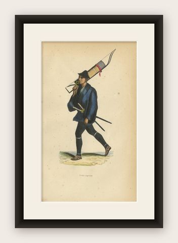 Antique Print of a Japanese Soldier carrying Bows by Wahlen, 1843, shown framed