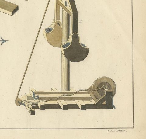 19th-Century Hand-Coloured Lithograph of Medieval Siege Engines and Catapults, close-up 2