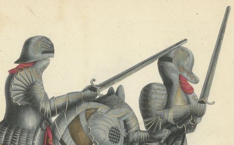 Hand-Coloured Lithograph of Knights in Aftermath of a Broken Lance Duel, 1842, close-up 1