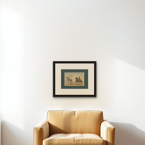 Spanish Cavalry Lithograph by José Rubio y Villegas: Princess Hussars, 1861, shown framed on a wall