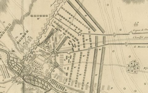 Detailed 1729 Battle Map, Allied Army Camp at Denain France, 1712 Siege, close-up 1