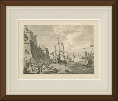 View of the Dardanelles, Ottoman Fortress and Shipping, Engraving, circa 1783, shown framed