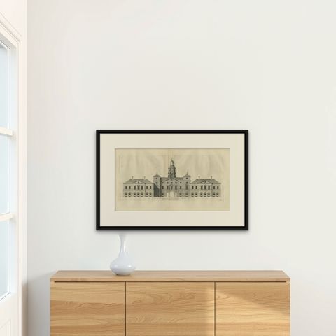 Antique Print of the Horse Guards at Whitehall, Westminster, London, ca.1770, shown framed on a wall