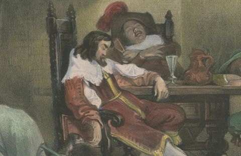 1835 Hand-Colored Lithograph: A 17th Century Guardroom, Soldiers at Rest, close-up 1