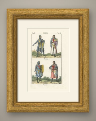 Crusader Knights in Mail with Heraldic Shields and Surcoats, 1842, shown framed