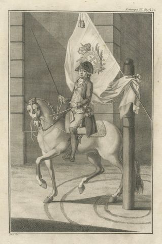 Portuguese Cavalry Officer with Royal Standard, Equestrian Engraving, 1790, close-up 1