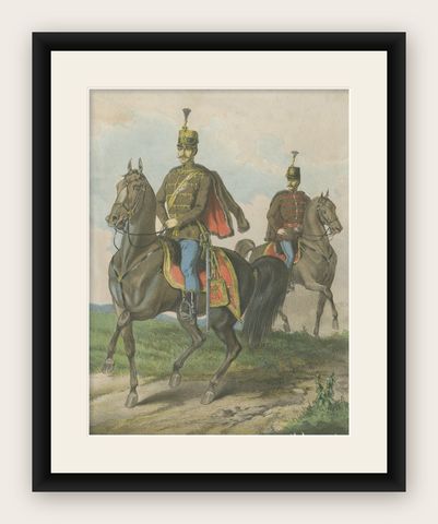 Antique Print, Hungarian Hussars on Horseback, Military Uniforms, 1858, shown framed
