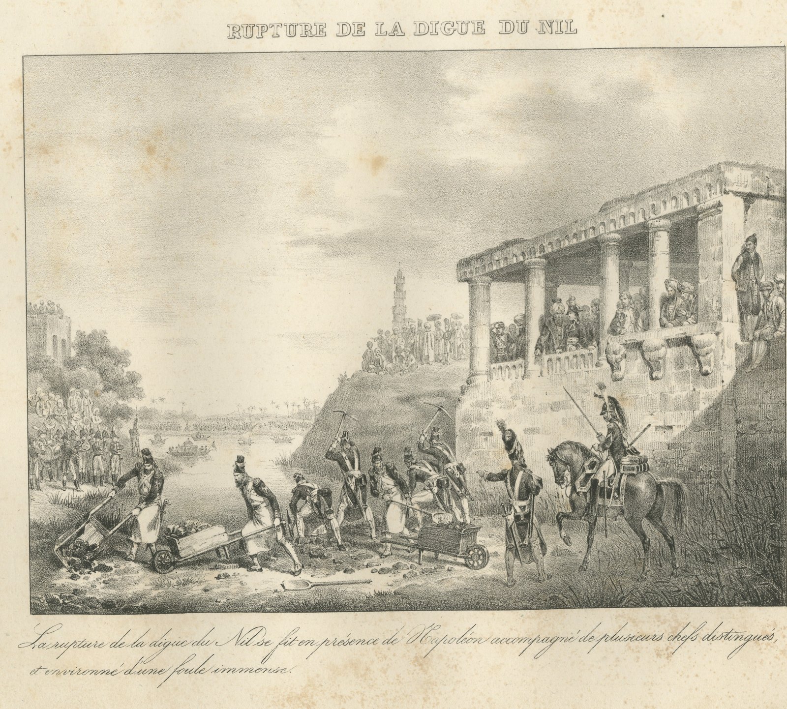 Cutting the Dyke of the Nile, Cairo, Antique Madou Lithograph, 1827