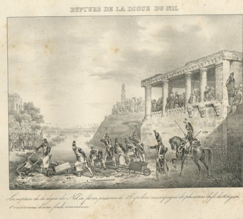 Cutting the Dyke of the Nile, Cairo, Antique Madou Lithograph, 1827