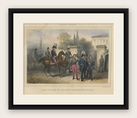 Handcolored Antique Print of Officers and Horses of the Belgium Army, 1833, shown framed