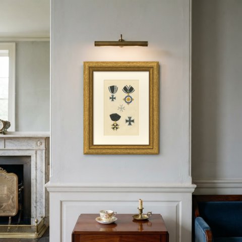 Orders of Prussia, Pour le Mérite Badge and Crosses, Plate LXI, 1844, shown framed on a wall
