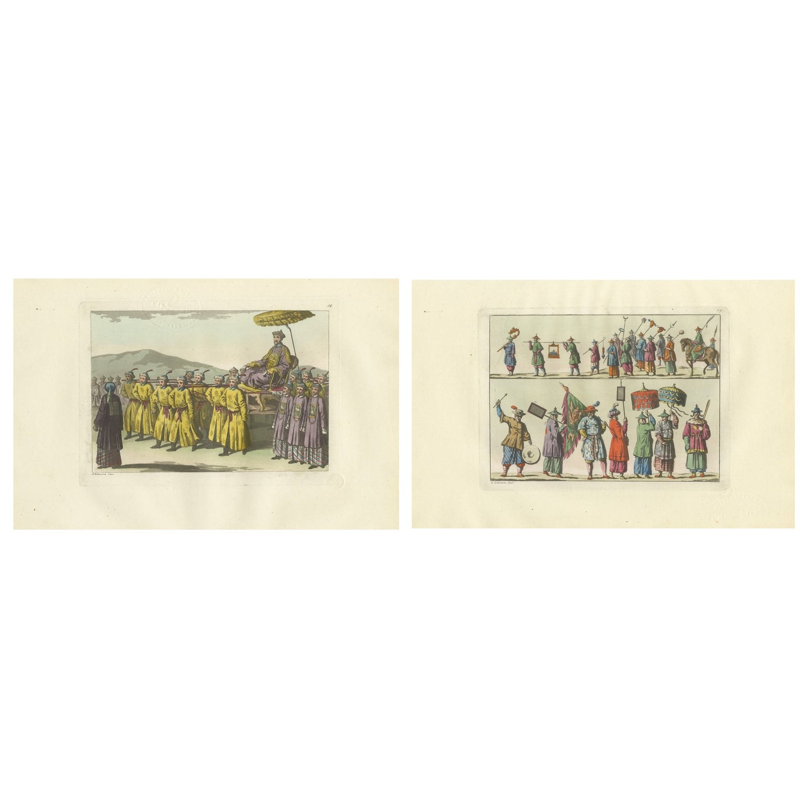 Chinese Imperial Procession & Military Parade, Antique Hand-Colored Prints, 1815