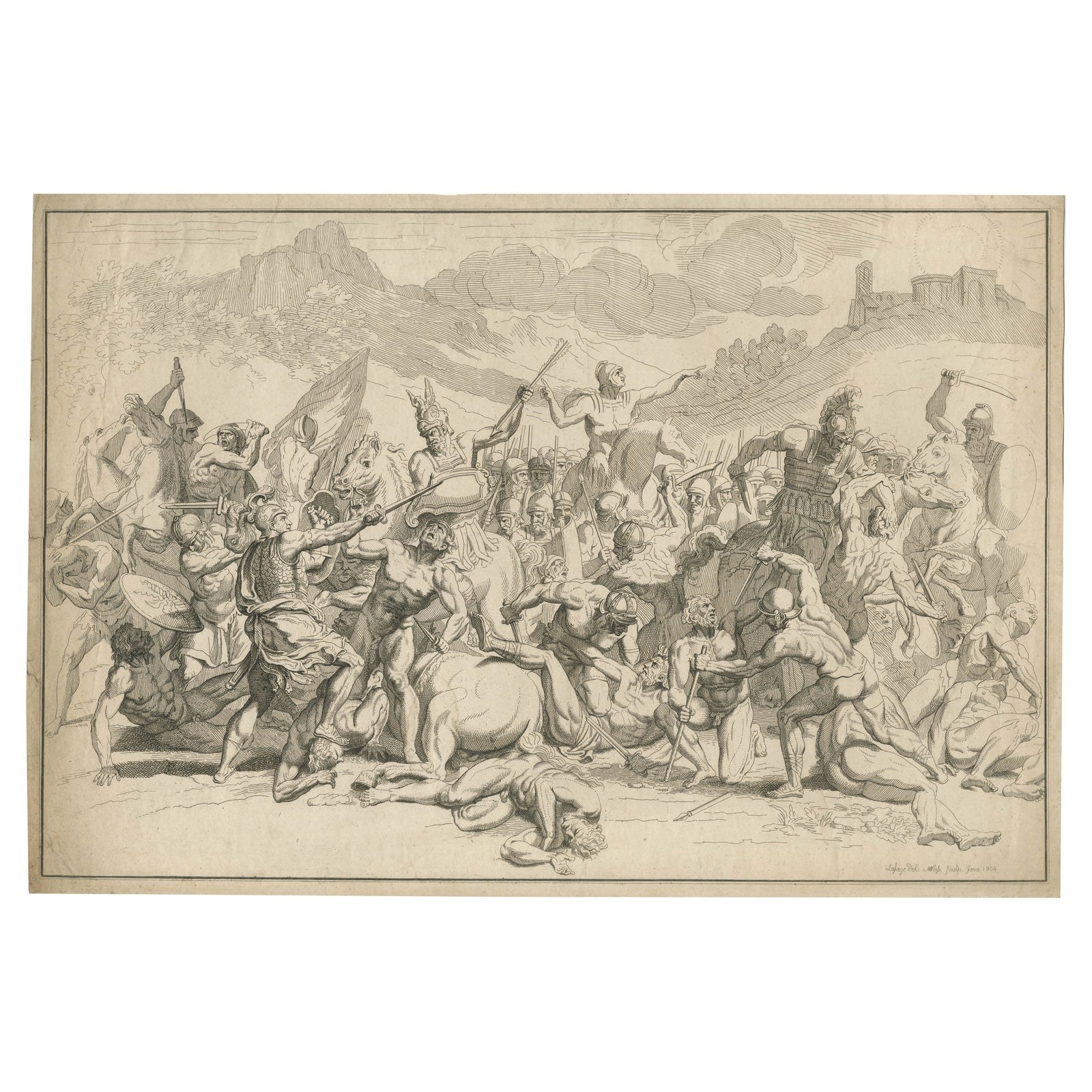 Heroic Roman Battle Scene, French Neoclassical Engraving, Napoleonic Era, 1804